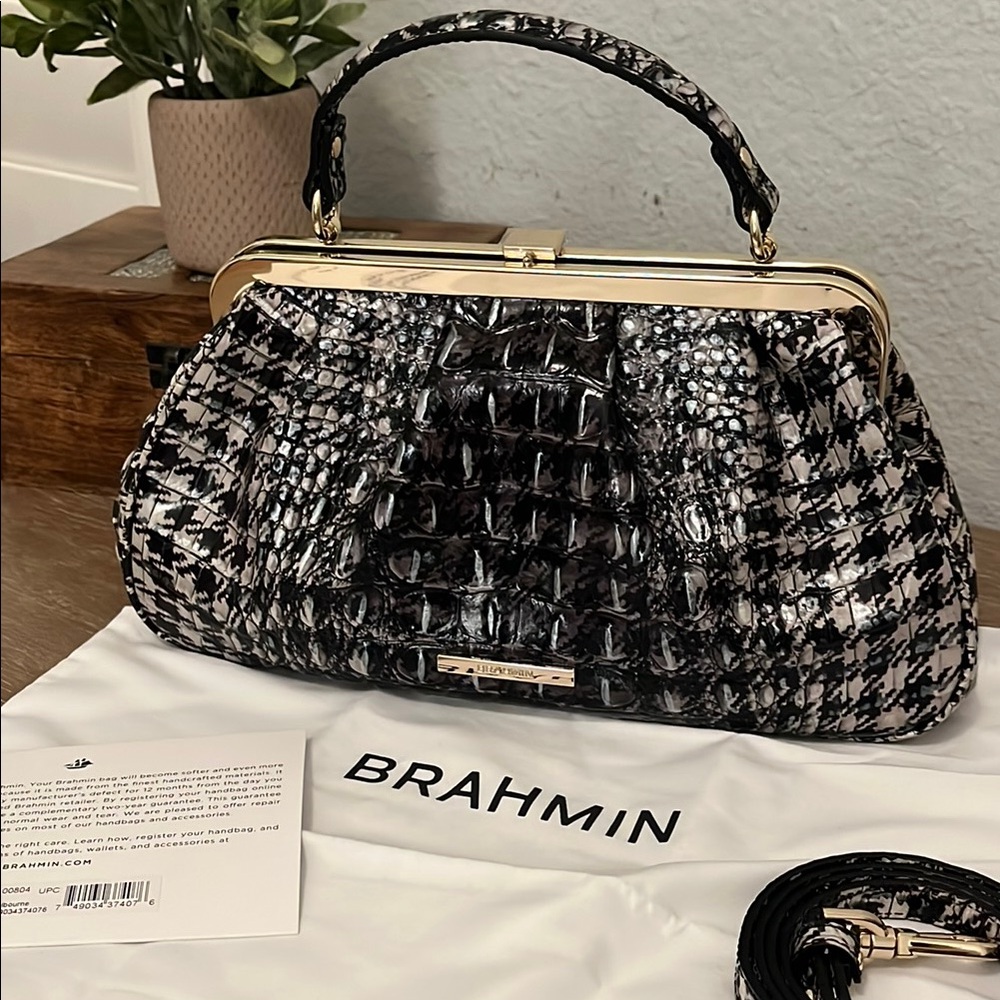 Brahmin Black and White Shoulder Bag with Woven Design